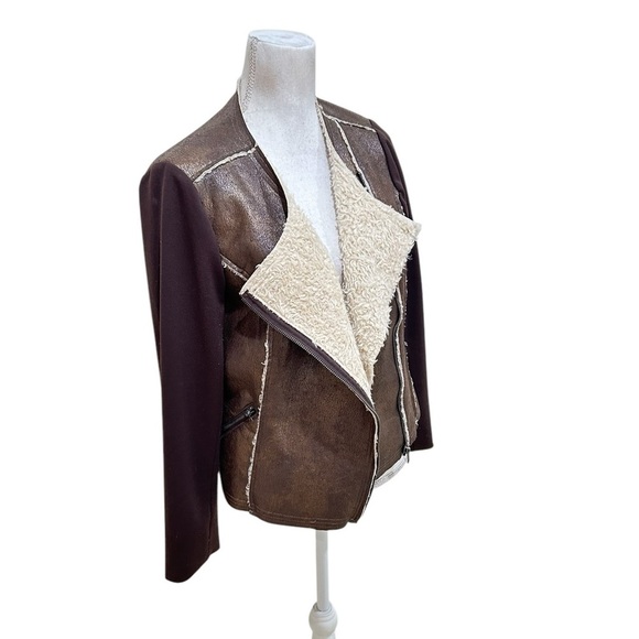 G by Giuliani metallic Brown Shearling zip up moto Jacket Ponte knit size large - Picture 3 of 13